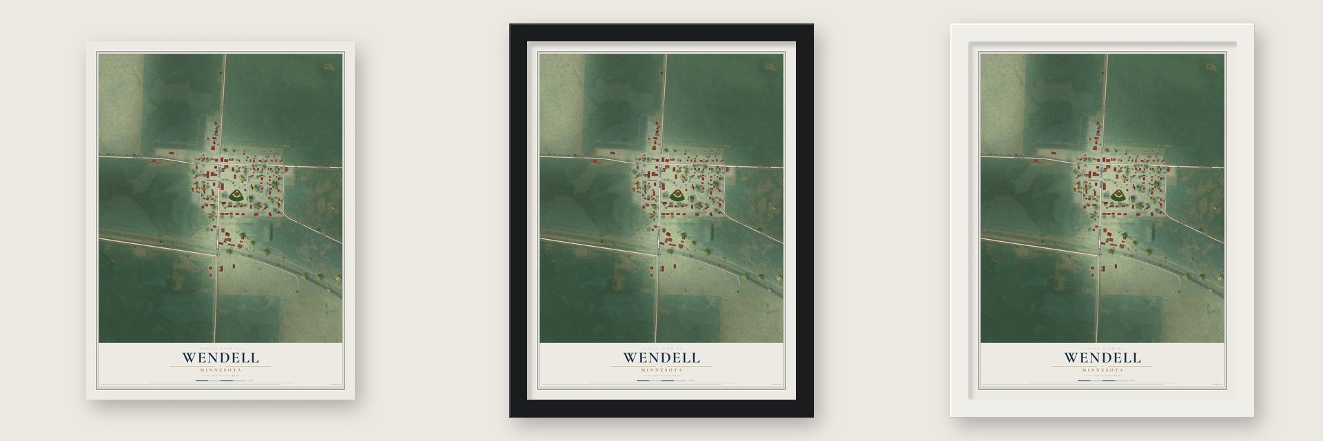Wendell, Minnesota map unframed, in a black wood frame and in a white wood frame