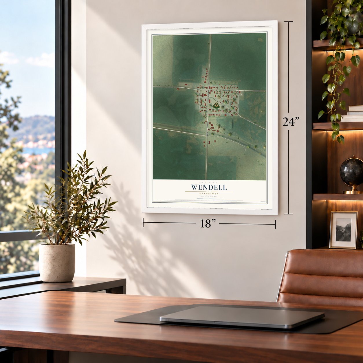 Wendell, Minnesota map, 18 x 24 inch print in a white frame in a home office