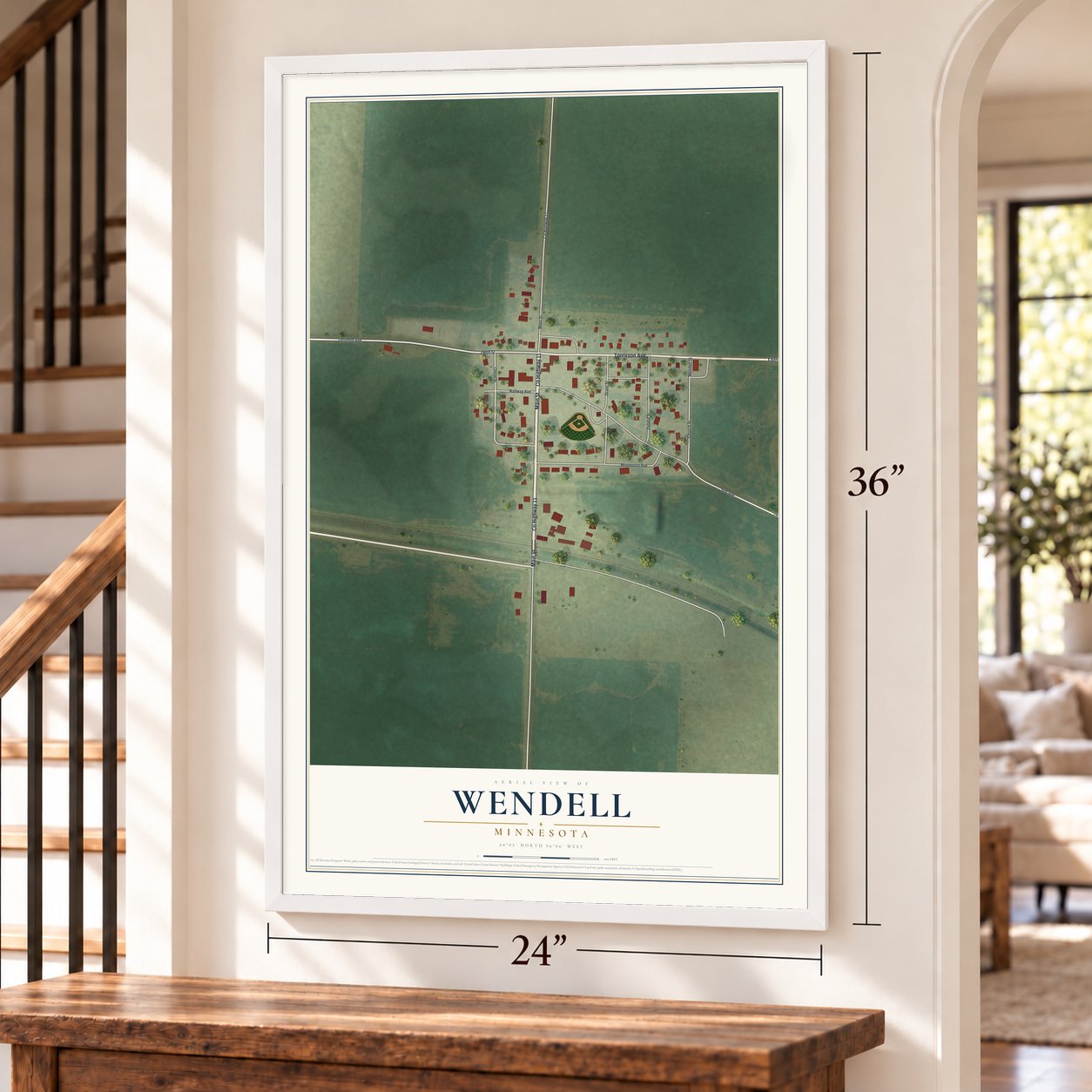 Wendell, Minnesota map, 24 x 36 inch print in a white frame by a staircase