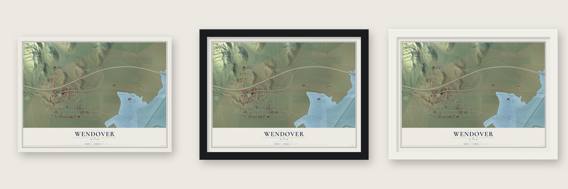 Wendover, Utah map unframed, in a black wood frame and in a white wood frame