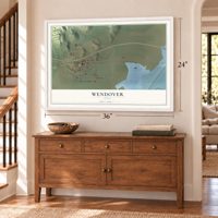 Wendover, Utah map, 24 x 36 inch print in a white frame above a dresser by a staircase