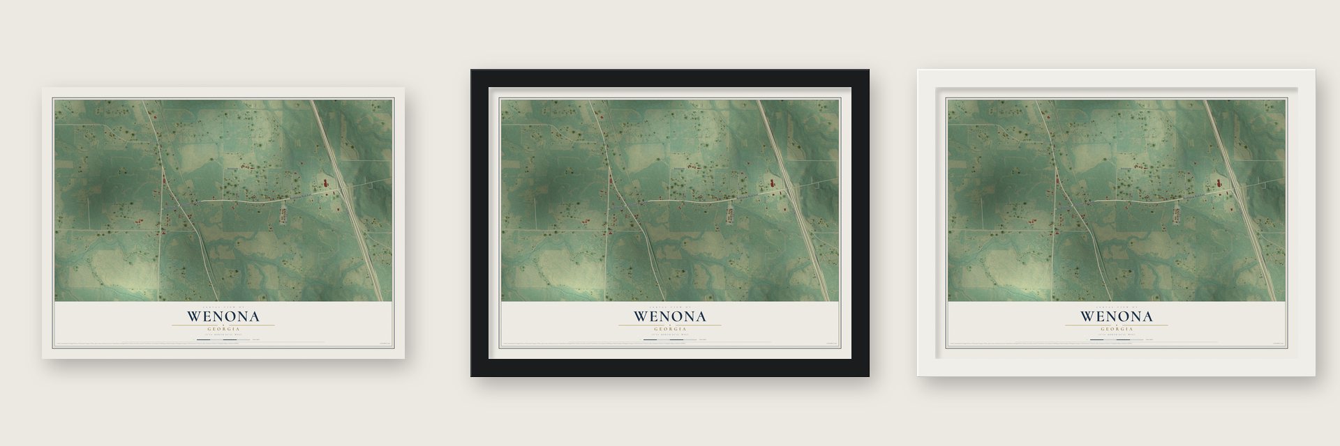 Wenona, Georgia map unframed, in a black wood frame and in a white wood frame