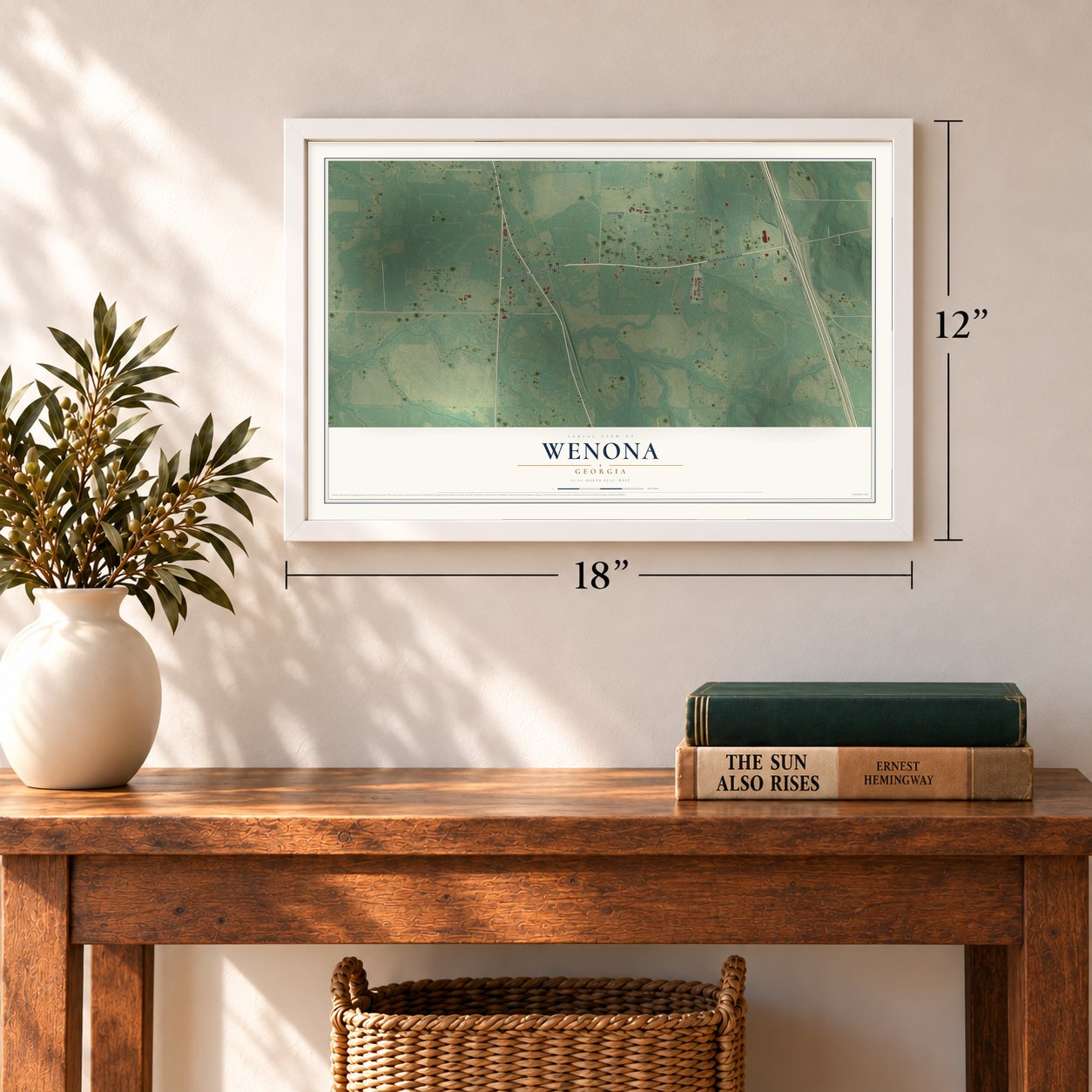 Wenona, Georgia map, 12 x 18 inch print in a white frame in an entryway
