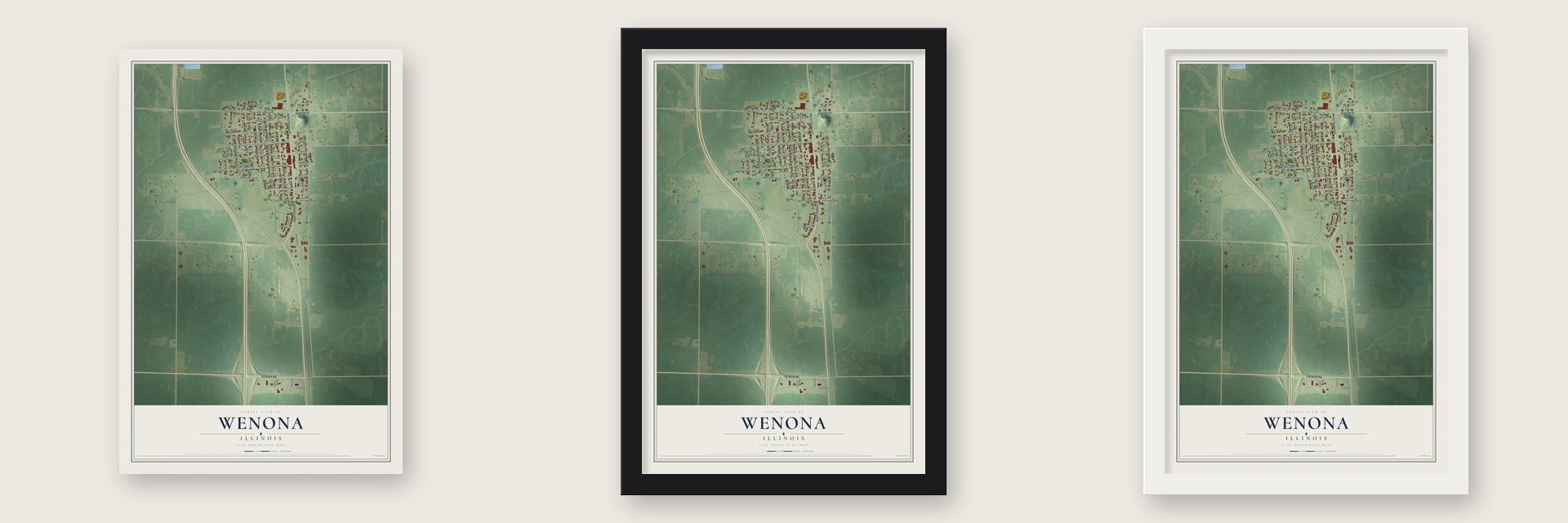 Wenona, Illinois map unframed, in a black wood frame and in a white wood frame