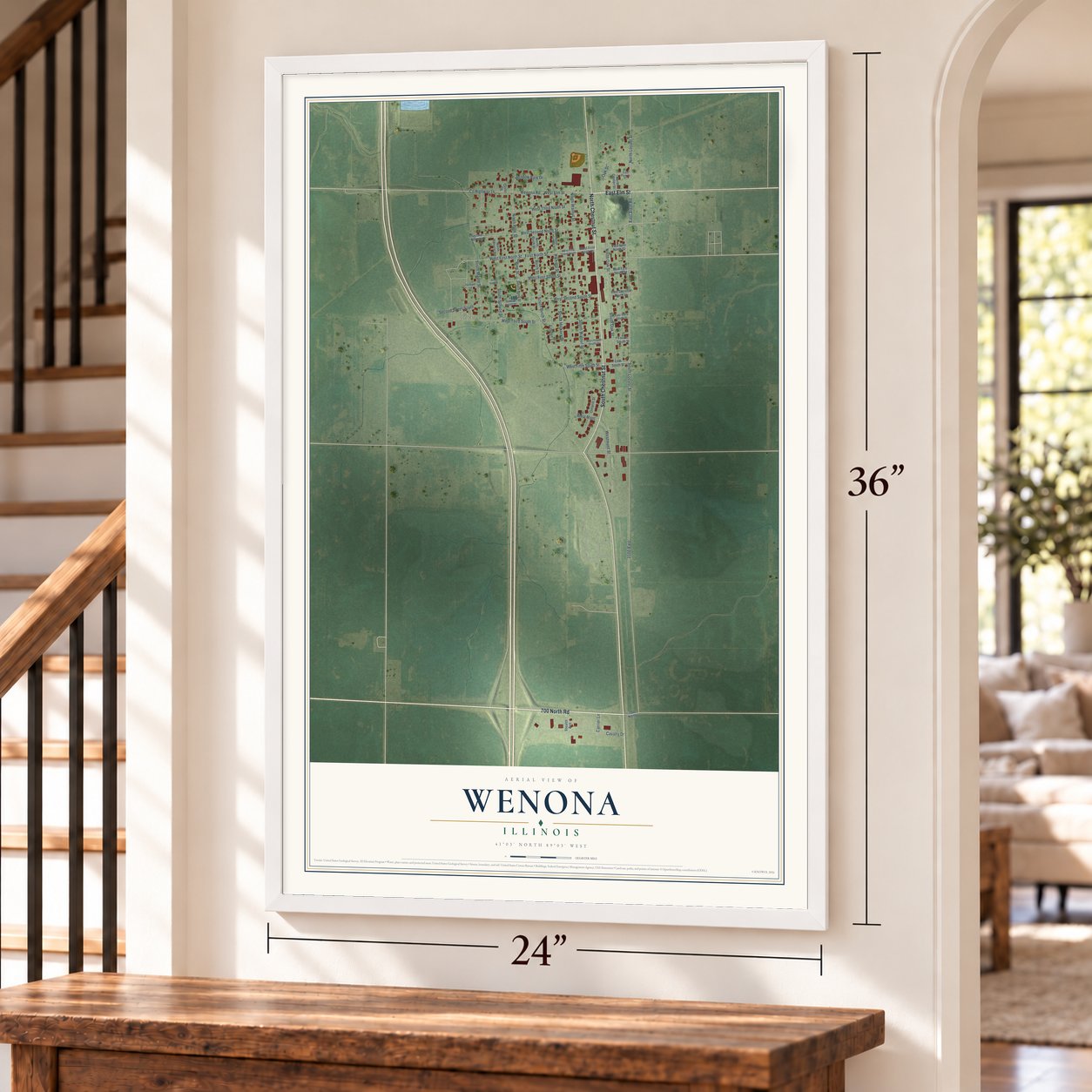 Wenona, Illinois map, 24 x 36 inch print in a white frame by a staircase