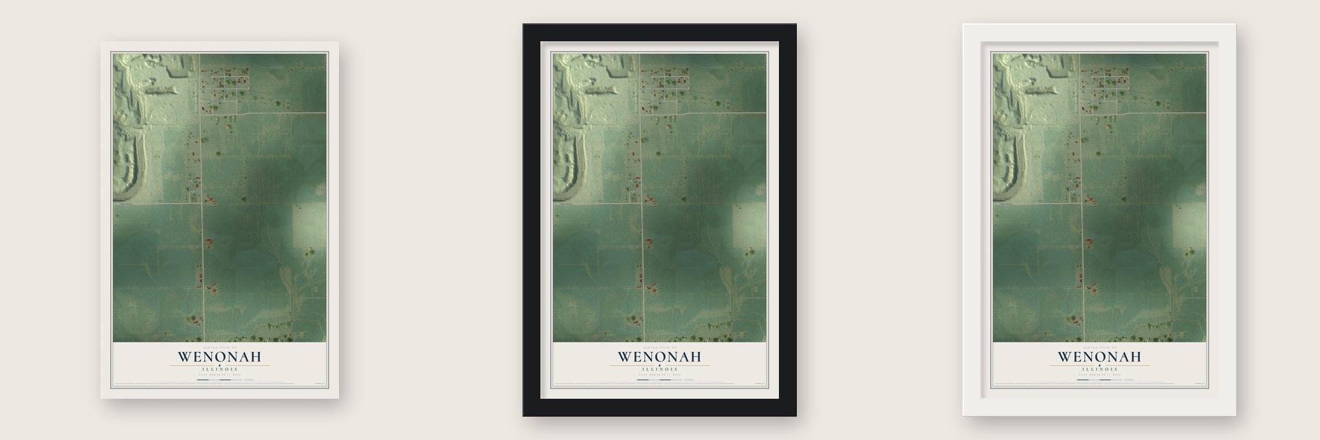 Wenonah, Illinois map unframed, in a black wood frame and in a white wood frame
