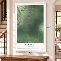 Wenonah, Illinois map, 24 x 36 inch print in a white frame by a staircase