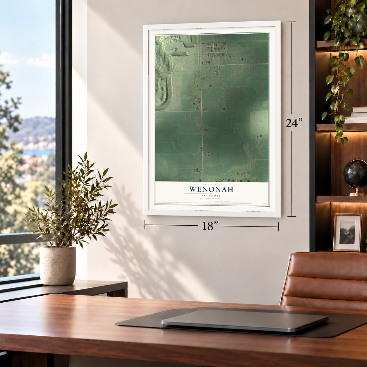 Wenonah, Illinois map, 18 x 24 inch print in a white frame in a home office