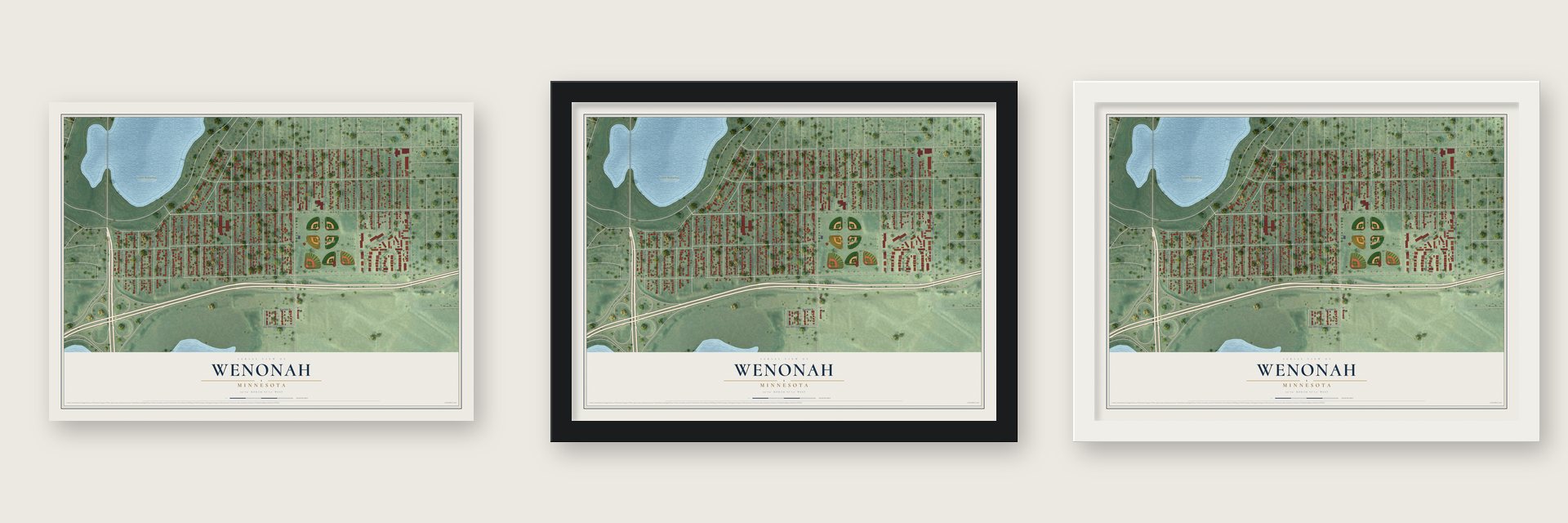 Wenonah, Minnesota map unframed, in a black wood frame and in a white wood frame