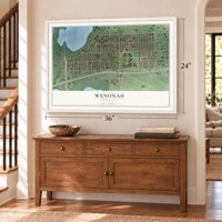 Wenonah, Minnesota map, 24 x 36 inch print in a white frame above a dresser by a staircase