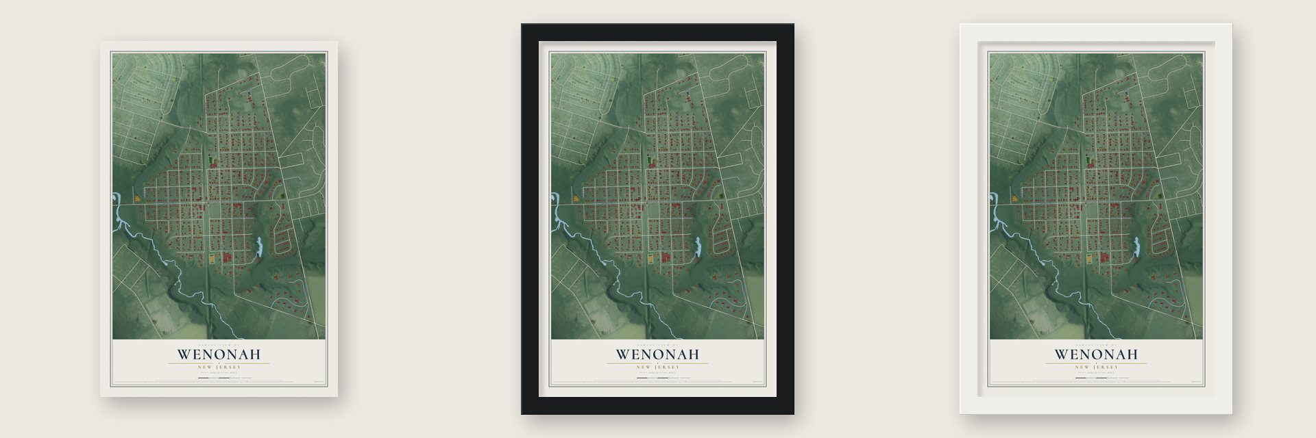 Wenonah, New Jersey map unframed, in a black wood frame and in a white wood frame