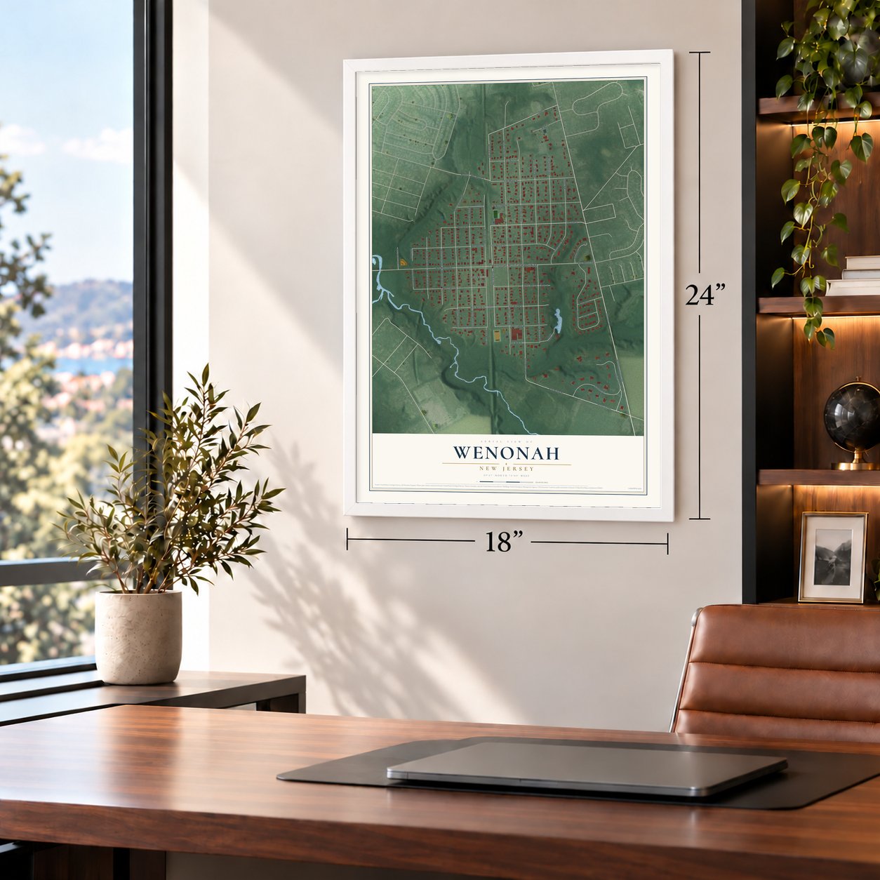 Wenonah, New Jersey map, 18 x 24 inch print in a white frame in a home office