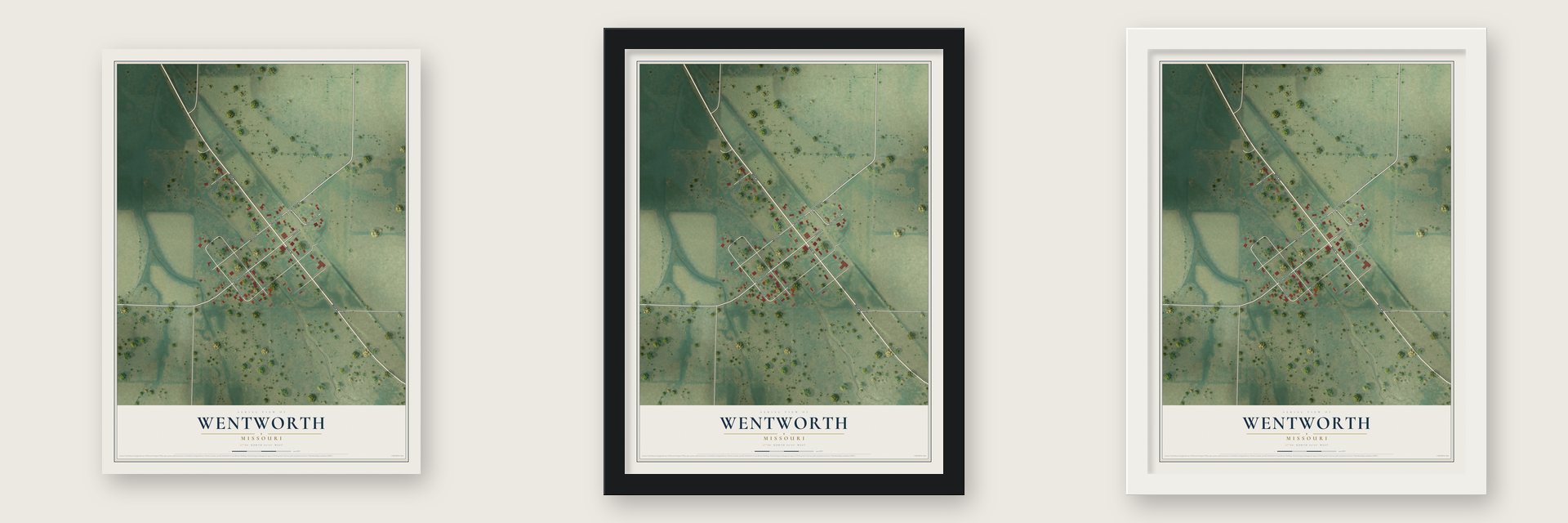 Wentworth, Missouri map unframed, in a black wood frame and in a white wood frame
