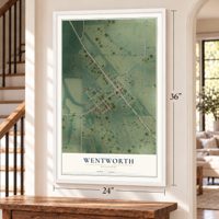 Wentworth, Missouri map, 24 x 36 inch print in a white frame by a staircase