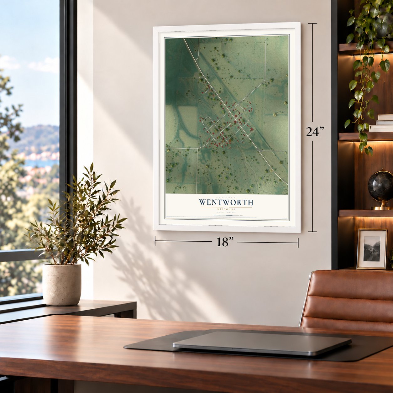 Wentworth, Missouri map, 18 x 24 inch print in a white frame in a home office