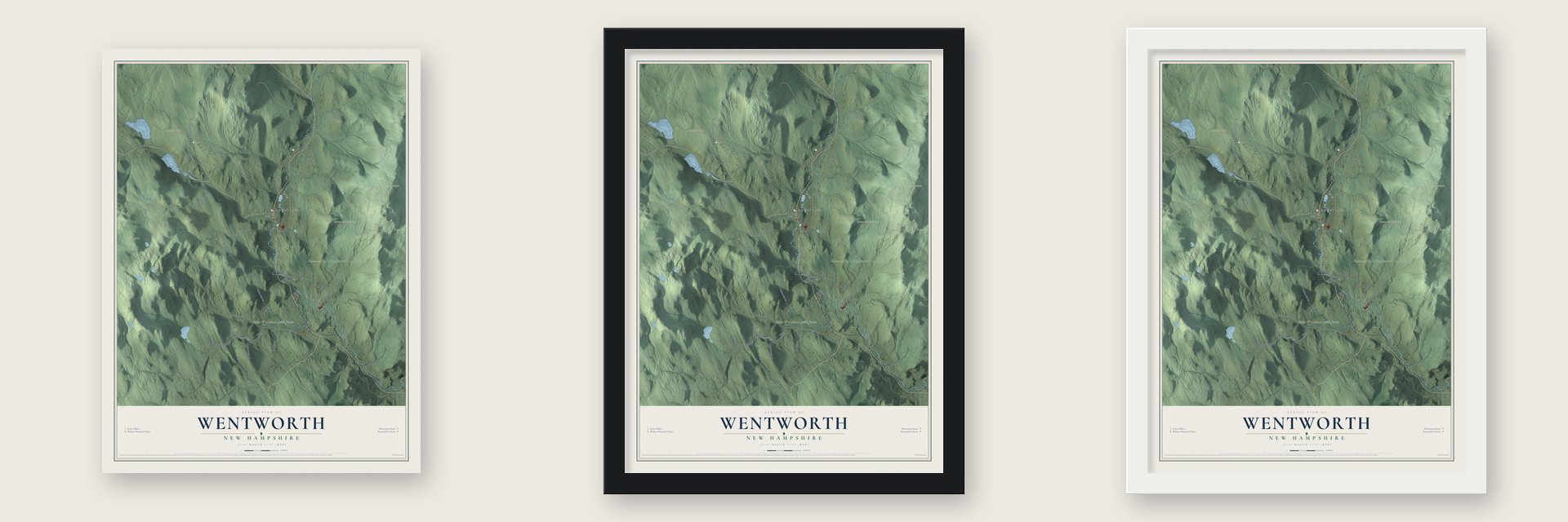 Wentworth, New Hampshire map unframed, in a black wood frame and in a white wood frame
