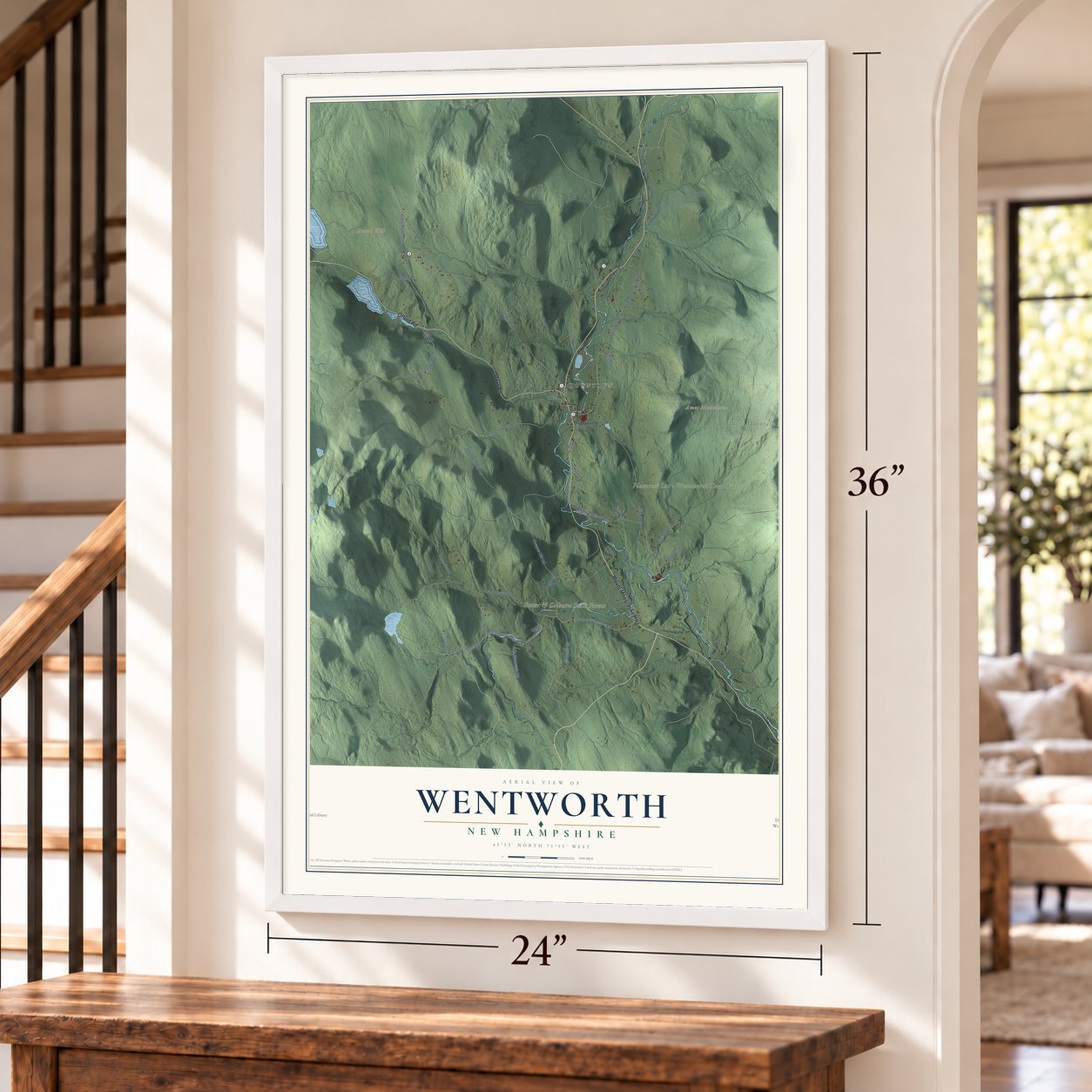 Wentworth, New Hampshire map, 24 x 36 inch print in a white frame by a staircase