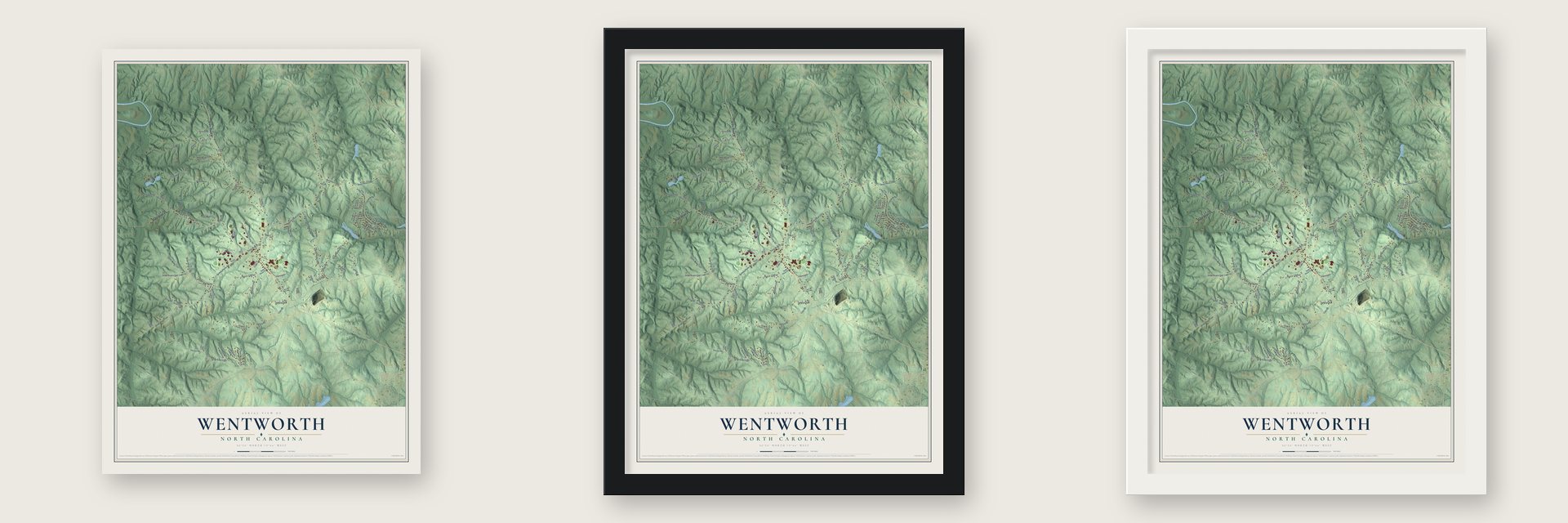 Wentworth, North Carolina map unframed, in a black wood frame and in a white wood frame