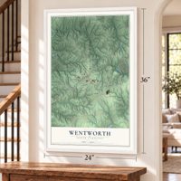 Wentworth, North Carolina map, 24 x 36 inch print in a white frame by a staircase