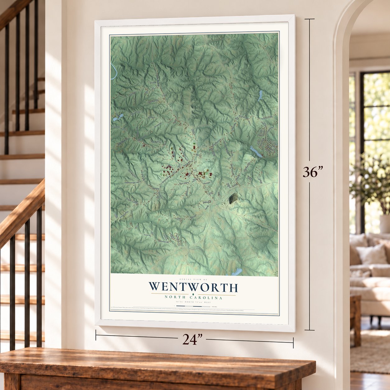 Wentworth, North Carolina map, 24 x 36 inch print in a white frame by a staircase