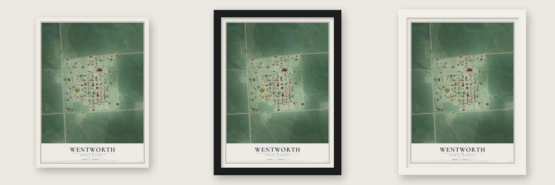 Wentworth, South Dakota map unframed, in a black wood frame and in a white wood frame
