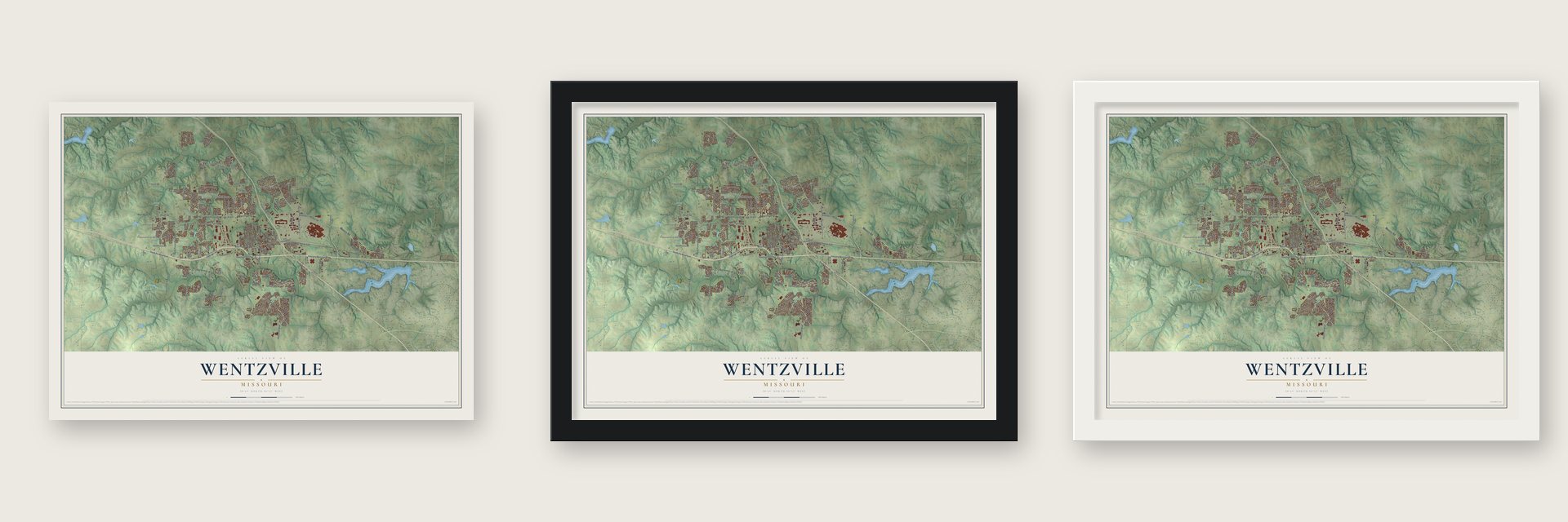 Wentzville, Missouri map unframed, in a black wood frame and in a white wood frame