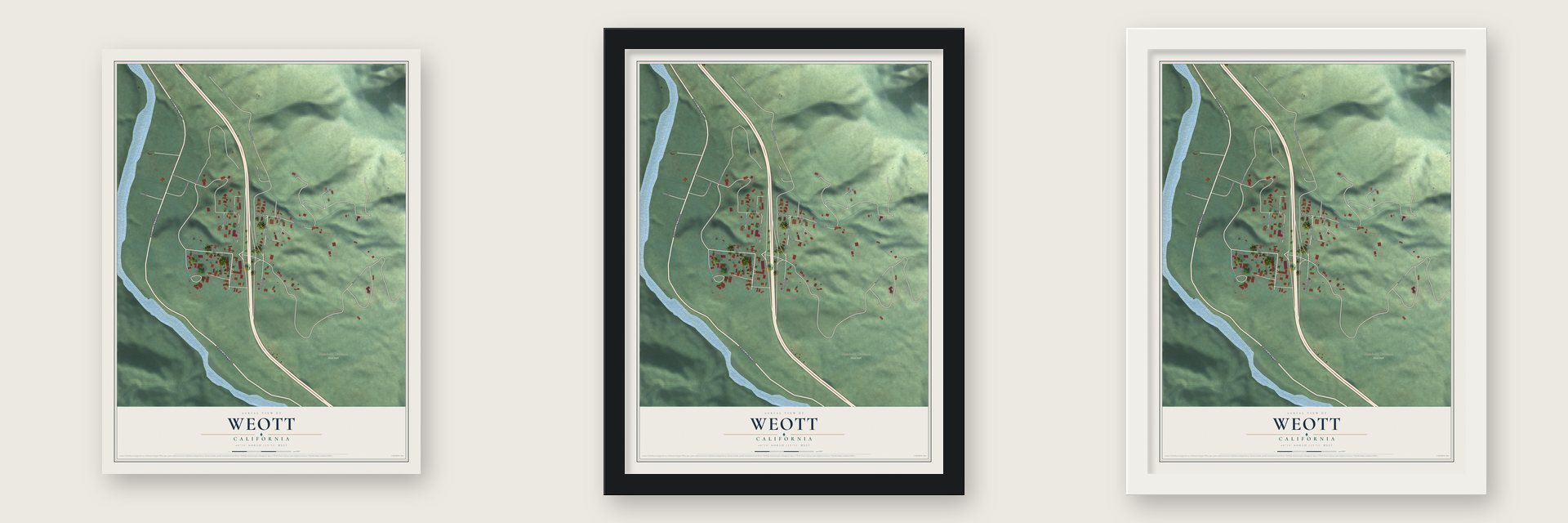 Weott, California map unframed, in a black wood frame and in a white wood frame