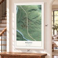 Weott, California map, 24 x 36 inch print in a white frame by a staircase