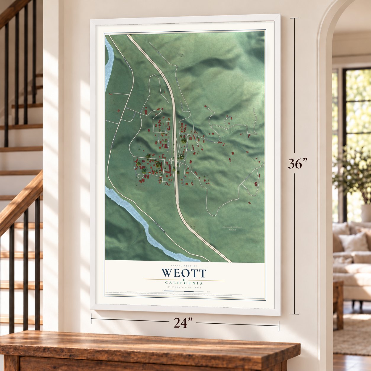 Weott, California map, 24 x 36 inch print in a white frame by a staircase