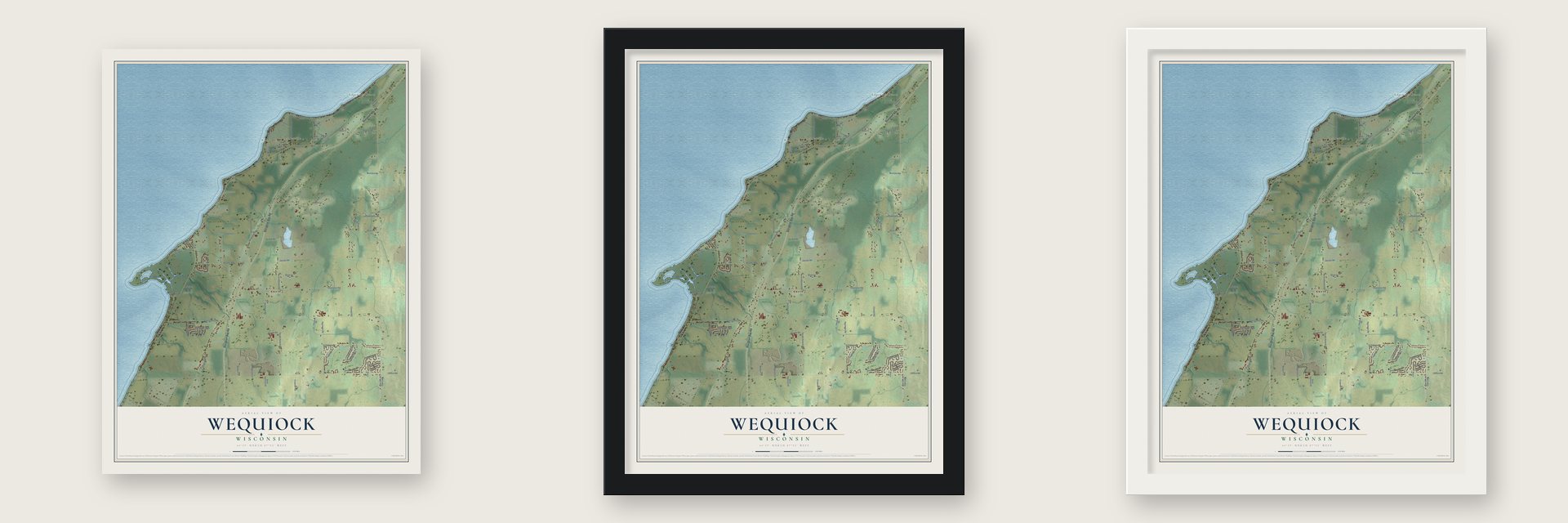 Wequiock, Wisconsin map unframed, in a black wood frame and in a white wood frame