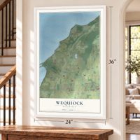 Wequiock, Wisconsin map, 24 x 36 inch print in a white frame by a staircase