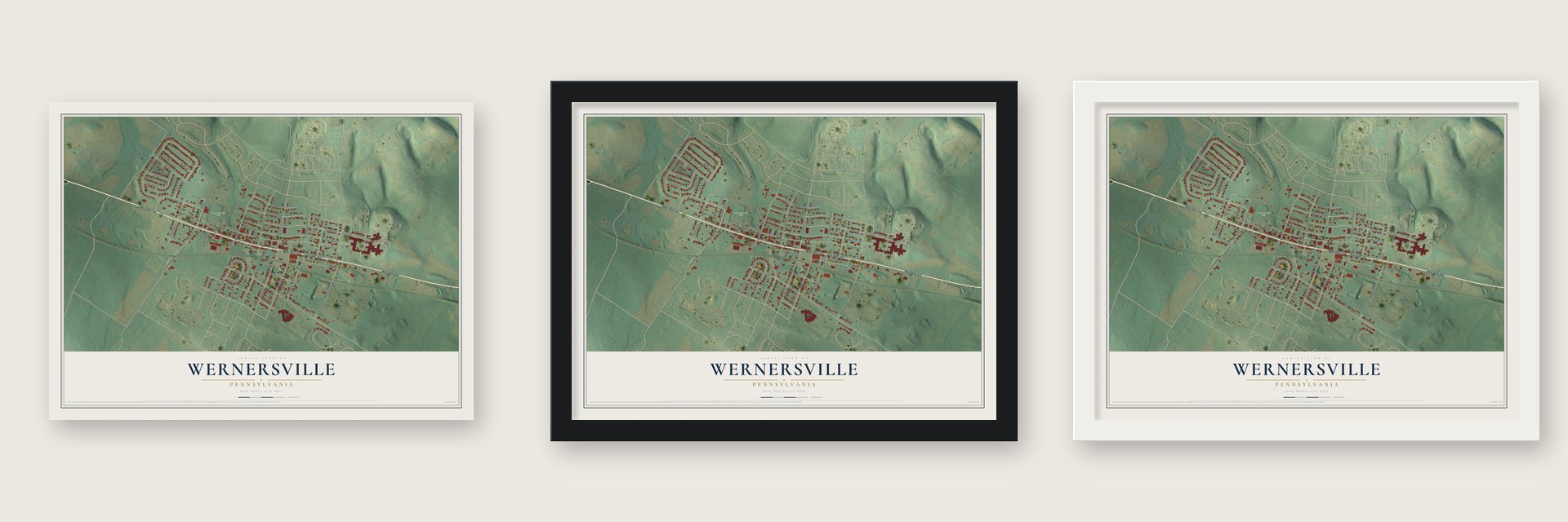 Wernersville, Pennsylvania map unframed, in a black wood frame and in a white wood frame