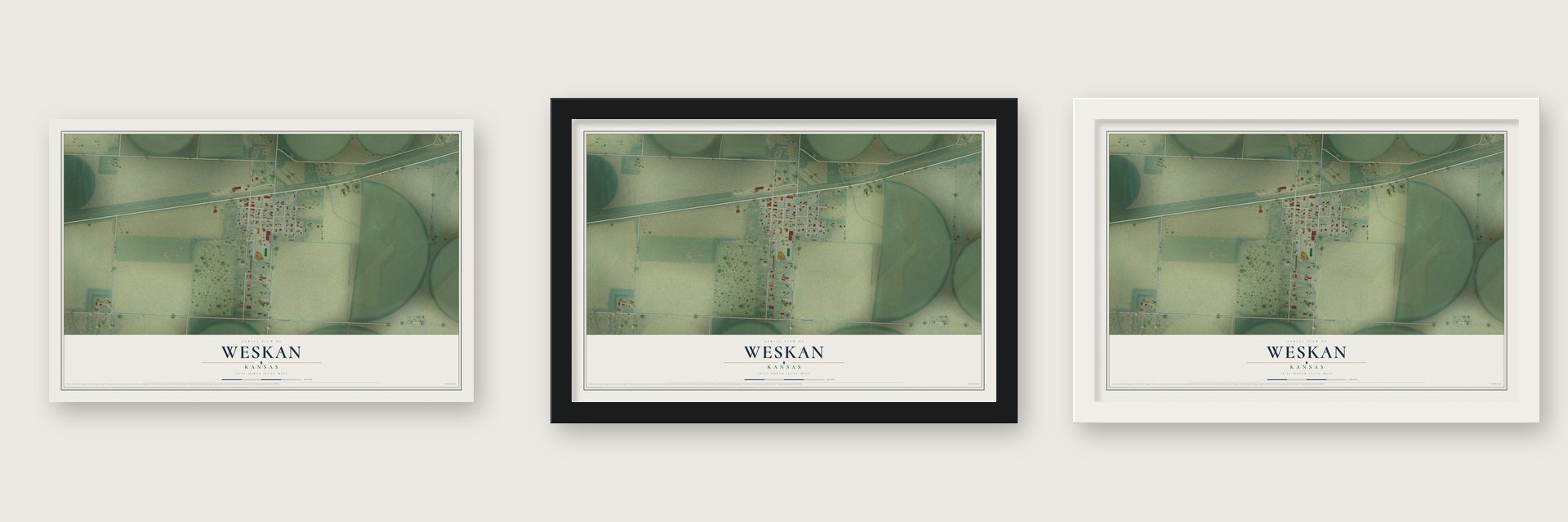 Weskan, Kansas map unframed, in a black wood frame and in a white wood frame