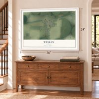 Weskan, Kansas map, 24 x 36 inch print in a white frame above a dresser by a staircase