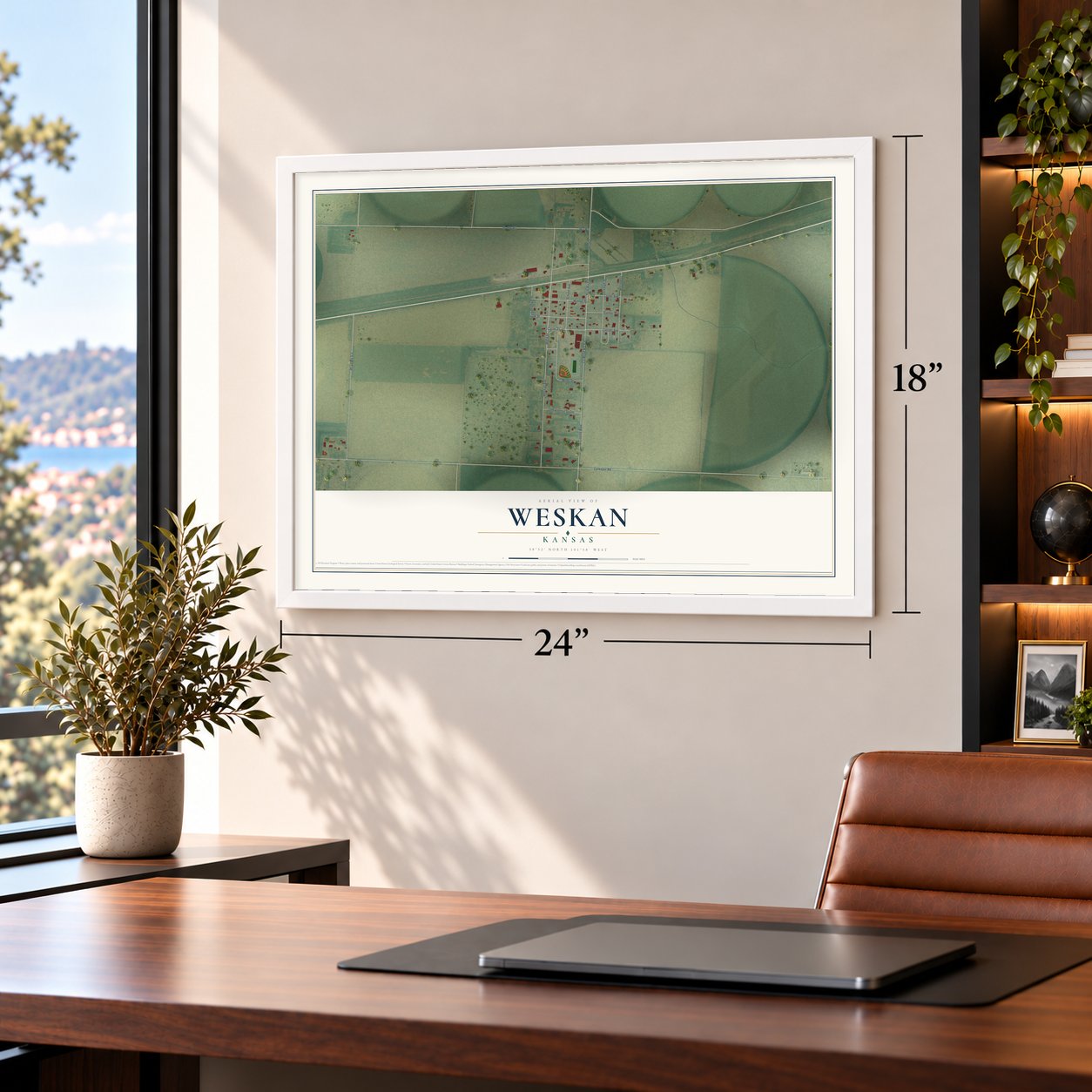 Weskan, Kansas map, 18 x 24 inch print in a white frame in a home office