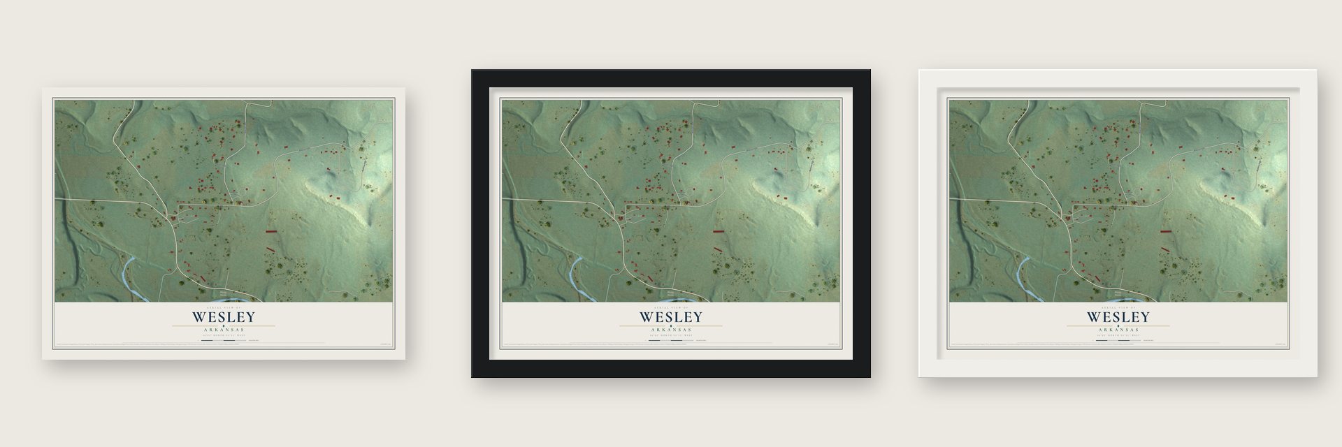 Wesley, Arkansas map unframed, in a black wood frame and in a white wood frame