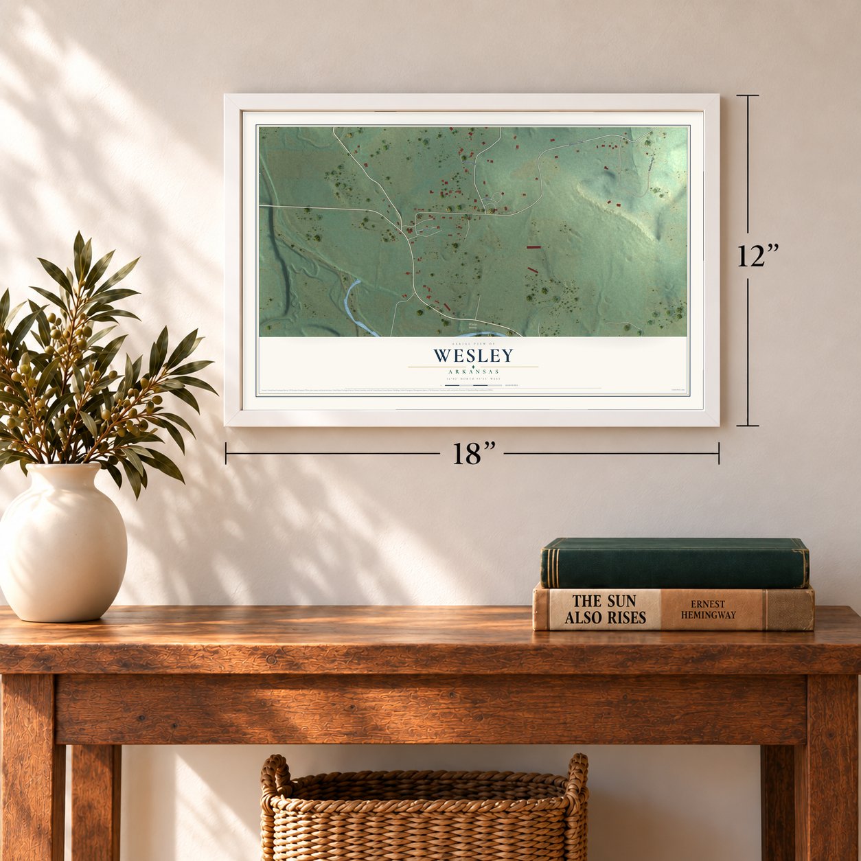 Wesley, Arkansas map, 12 x 18 inch print in a white frame in an entryway