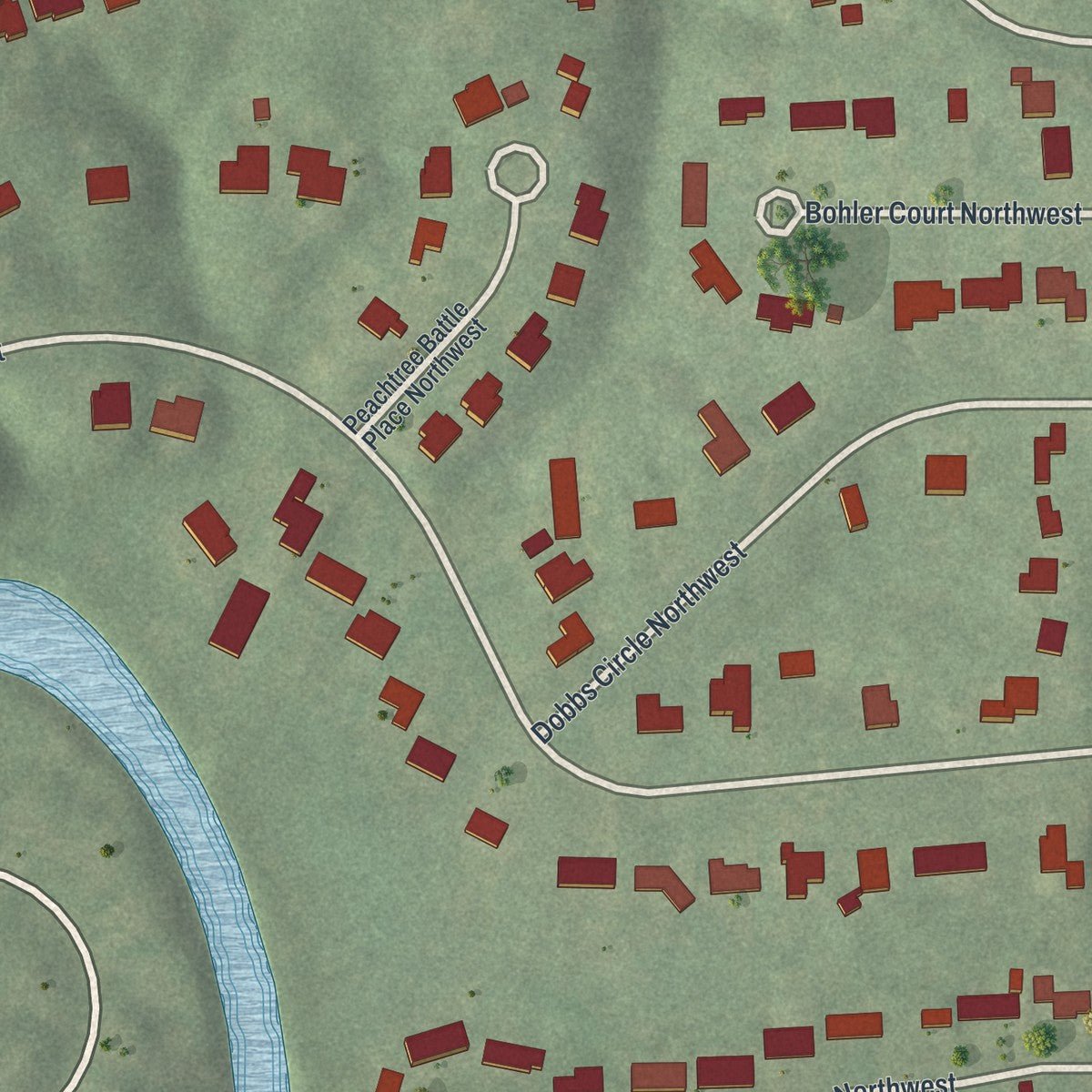 Second close-up of the map of Wesley Battle, Georgia print showing more streets and buildings