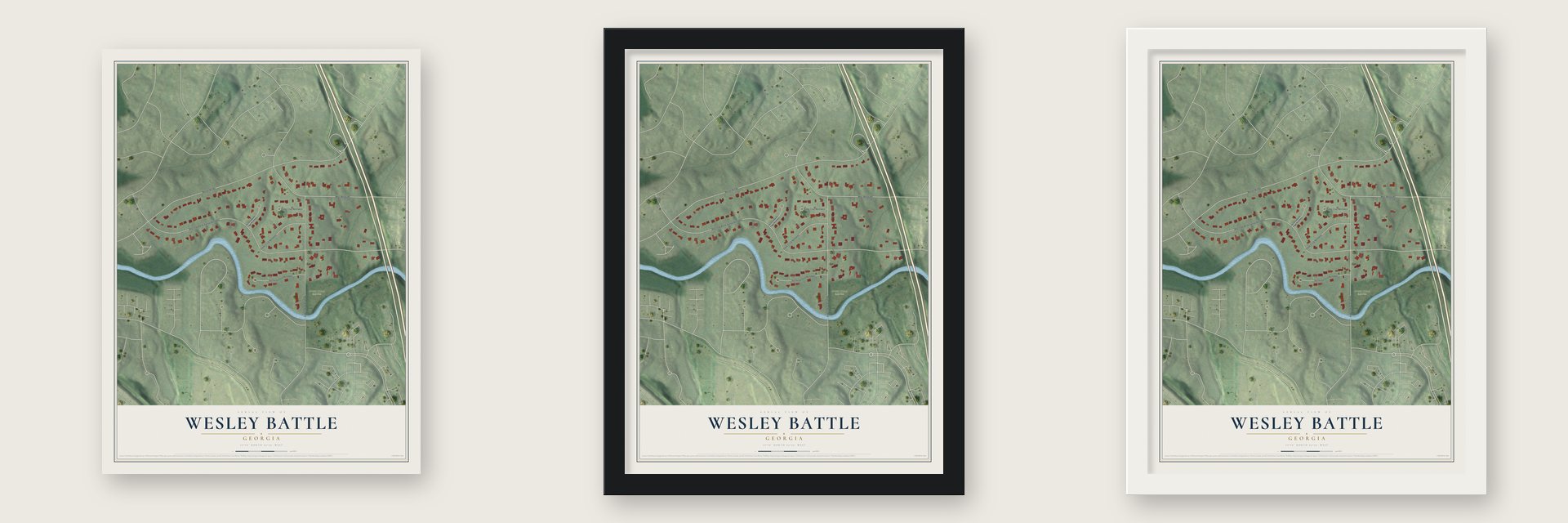 Wesley Battle, Georgia map unframed, in a black wood frame and in a white wood frame