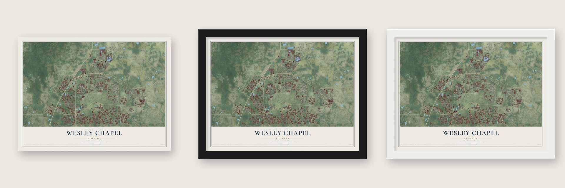 Wesley Chapel, Florida map unframed, in a black wood frame and in a white wood frame