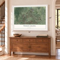 Wesley Chapel, Florida map, 24 x 36 inch print in a white frame above a dresser by a staircase