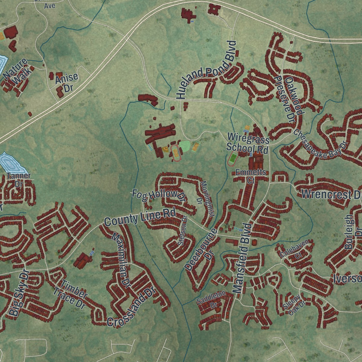 Second close-up of the map of Wesley Chapel, Florida print showing more streets and buildings