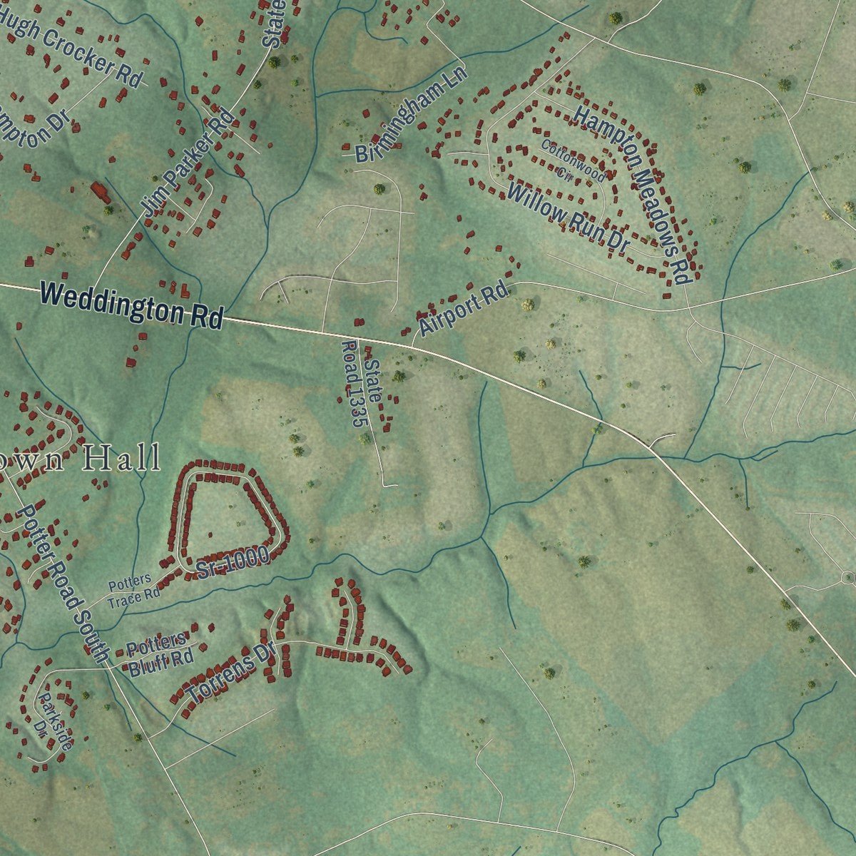 Second close-up of the map of Wesley Chapel, North Carolina print showing more streets and buildings