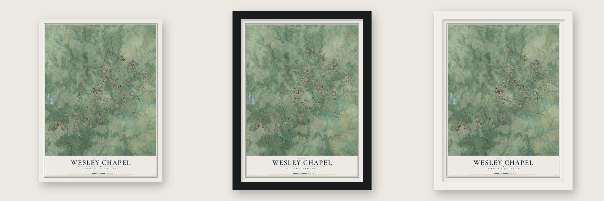 Wesley Chapel, North Carolina map unframed, in a black wood frame and in a white wood frame