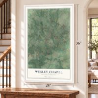 Wesley Chapel, North Carolina map, 24 x 36 inch print in a white frame by a staircase