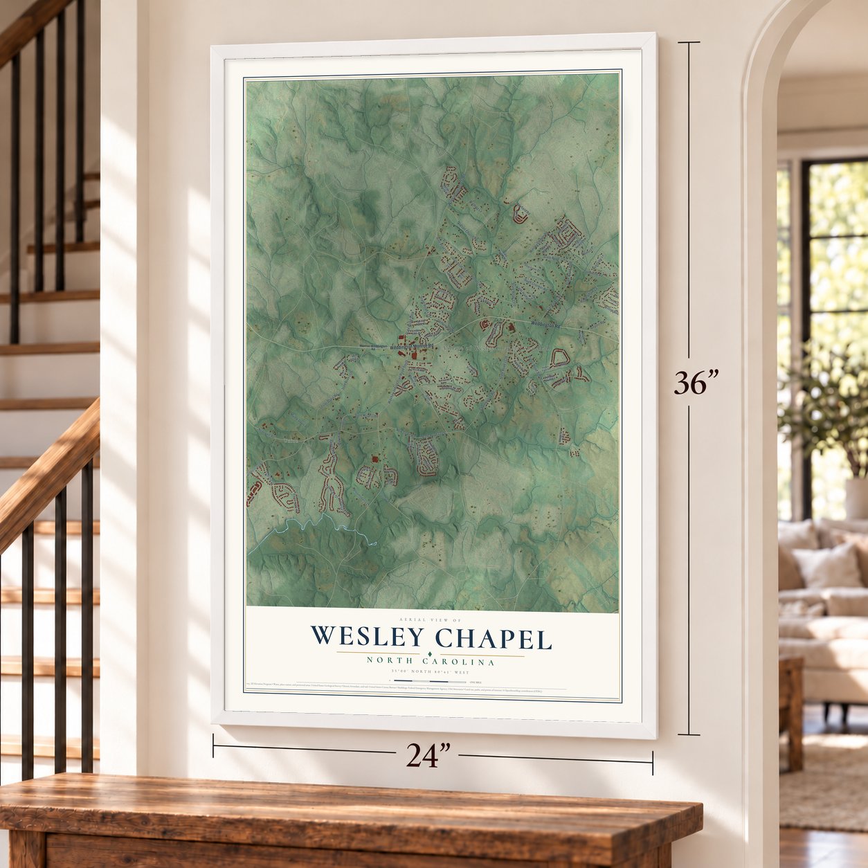 Wesley Chapel, North Carolina map, 24 x 36 inch print in a white frame by a staircase
