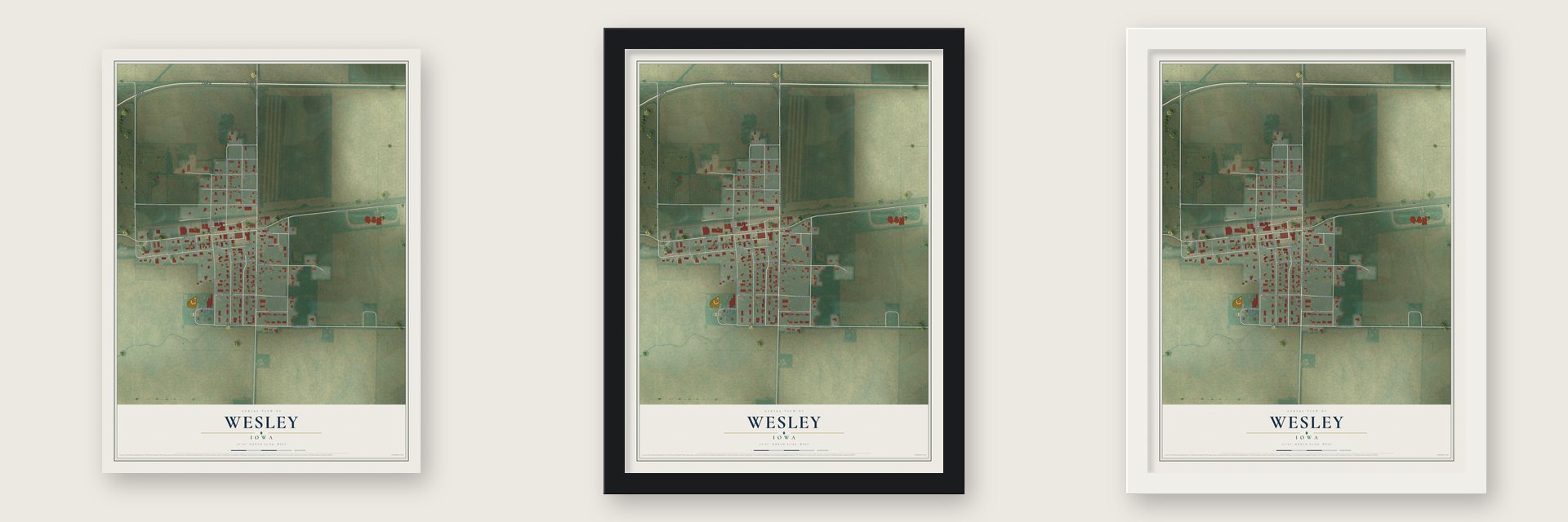 Wesley, Iowa map unframed, in a black wood frame and in a white wood frame