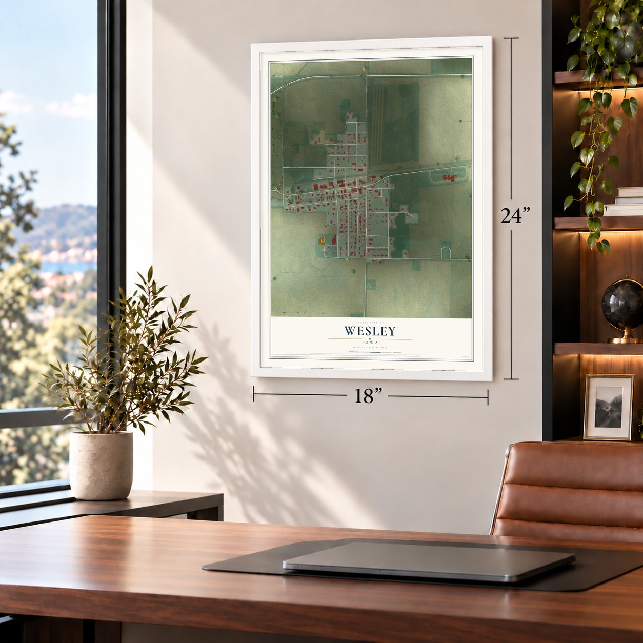 Wesley, Iowa map, 18 x 24 inch print in a white frame in a home office