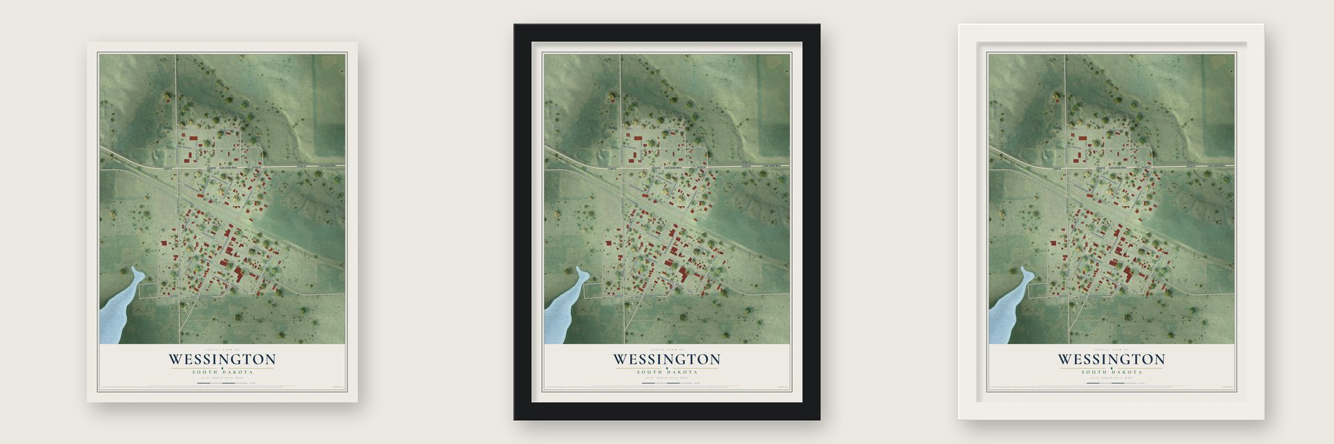Wessington, South Dakota map unframed, in a black wood frame and in a white wood frame