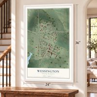 Wessington, South Dakota map, 24 x 36 inch print in a white frame by a staircase